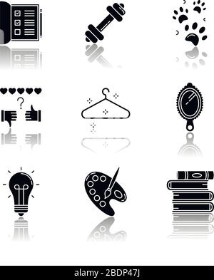 Lifestyle drop shadow black glyph icons set. List for work. Sport activities. Pet paws print. Review rate. Empty hanger. Creative hobby. Isolated Stock Vector
