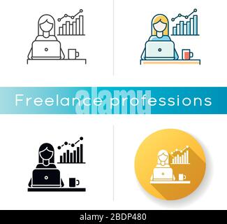 Freelance marketologist icon. Digital marketing, social media advertisement. Merchandise promotion, business planning. Linear black and RGB color Stock Vector