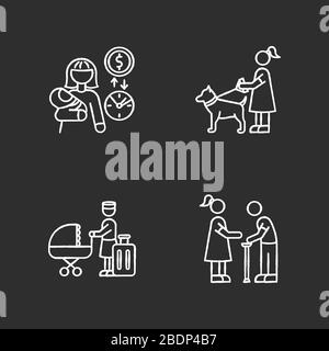 Babysitting service chalk white icons set on black background. Babysitter job pay rate. Pet sitting. Hotel sitter for children. Senior help. Elder Stock Vector