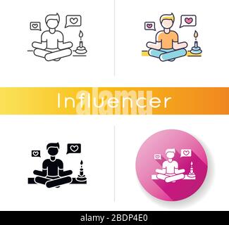 Lifestyle guru icon. Person in meditation pose getting likes. Harmony and stress relief. Life coach. Zen and yoga. Positive attitude. Linear black and Stock Vector