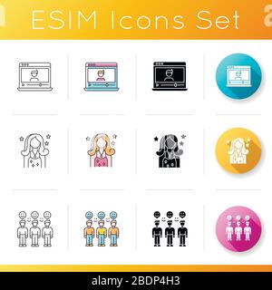 Social media influencer icons set. Watch vlogger video on computer. Popular celebrity. Positive community feedback. Linear, black and RGB color styles Stock Vector