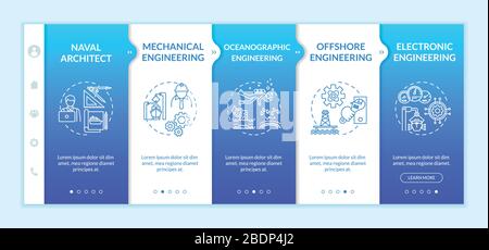 Marine engineering onboarding vector template. Naval architect. Oceanographic research. Boat machinery. Responsive mobile website with icons. Webpage Stock Vector