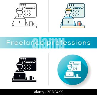 Web developer icon. Computer software development, PC application design, platform testing. Programming, coding and UI designing. Linear black and RGB Stock Vector