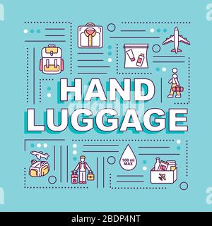 Hand luggage word concepts banner. Traveling light, tourism without extra baggage. Infographics with linear icons on turquoise background. Isolated Stock Vector