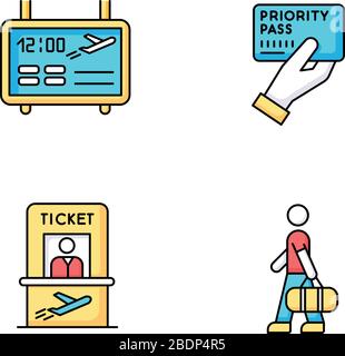 Airport terminal RGB color icons set. Flight information on electronic scoreboard. Male passenger with luggage. Timetable for departure. Ticket for Stock Vector