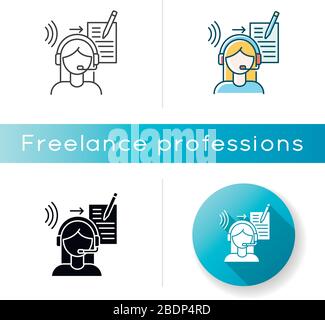 Transcription icon. Linguist, translator. Listening, translation, foreign language representation, audio records conversion into text. Linear black Stock Vector