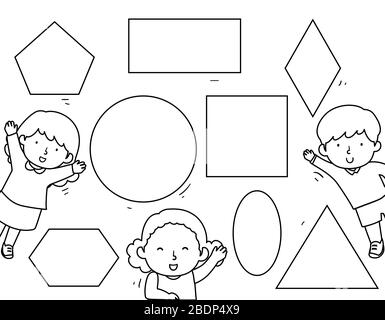 Coloring Page Illustration of Kids Waving with Basic Geometry Shapes Like Triangle, Circle and Square Stock Photo