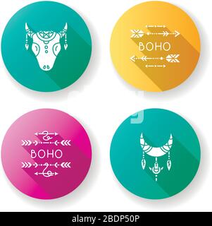 Ethnic accessories in boho style flat design long shadow glyph icons set. Arrows with feathers charms. Crescent moon amulet. Bull head native american Stock Vector