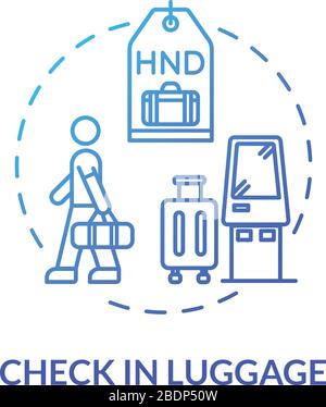 Check in luggage concept icon. Baggage control idea thin line illustration. Passenger with hand luggage in airport terminal. Vector isolated outline Stock Vector