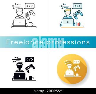 Game developer icon. Freelancer, game software programmer. Virtual reality and cyberspace creating, coding, computer programming. Linear black and RGB Stock Vector