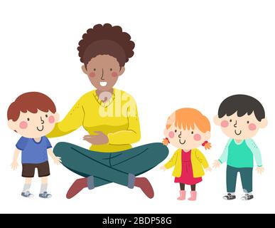 Illustration of a Girl Teacher Introducing a Kid Boy to Other Kids in Class Stock Photo