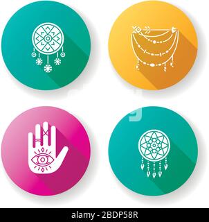 Accessories in boho style flat design long shadow glyph icons set. Palmistry, witchcraft and esoteric amulets. Arrow and beads charm. Dreamcatcher Stock Vector