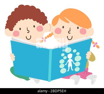 Illustration of Toddler Kids Sitting Down and Reading a Book on Body Parts Stock Photo