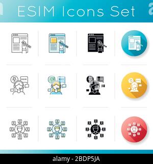 Remote jobs icons set. Technical support, SEO and copywriting. Freelance manager, article author and call centre operator. Linear, black and RGB color Stock Vector