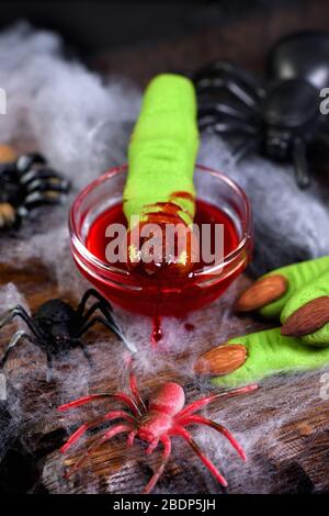 Witches Finger cookies made of shortcrust pastry with almond fingernail. Ideally for a Happy Halloween party Stock Photo