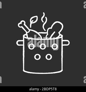 Cooking food chalk white icon on black background. Boiling chicken soup. Dish recipe. Prepare diner. Homemade broth with meat and vegetable. Hot pot Stock Vector