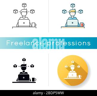3D and CAD artist icon. Remote graphic designer, illustrator, creative artist. 3D modelling, prototyping, art design. Linear black and RGB color Stock Vector