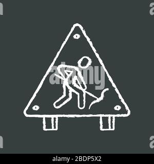 Roadsign chalk white icon on black background. Road works ahead sign. Man digging with shovel. Attention plate for street block. Repair and Stock Vector