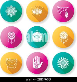 Magical accessories in boho style flat design long shadow glyph icons set. Prophecy and occultism amulets. All seeing eye talisman. Lotus flower Stock Vector