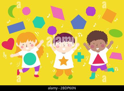 Illustration of Kids Dancing with Basic Geometry Shapes and Music Notes Stock Photo