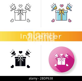 Product promotion icon. Special offer. Gift box with ribbon. Advertisement and marketing. Shopping campaign. Exclusive giveaway. Linear black and RGB Stock Vector