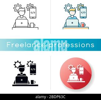 Mobile app developer icon. Freelancer, smartphone software creator. Application development, coding, programming, UI design. Linear black and RGB Stock Vector