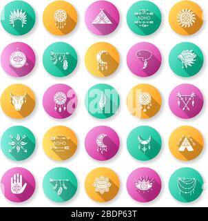 Boho style flat design long shadow glyph icons set. Native American Indian amulets. Dreamcatcher ethnic charms. Hippie and bohemian accessories Stock Vector