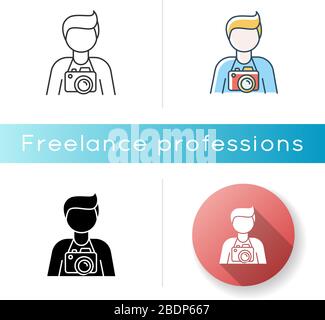 Freelance photographer, operator icon. Photojournalist, paparazzi, cameraman. Photo studio employee. Photography art. Linear black and RGB color Stock Vector