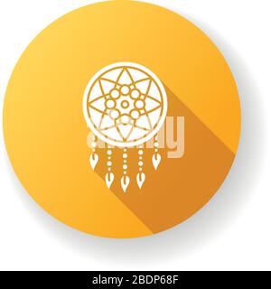 Boho style dreamcatcher flat design long shadow glyph icon. Dream catcher with string net, beads and feathers. Bohemian handmade accessory. Silhouette Stock Vector