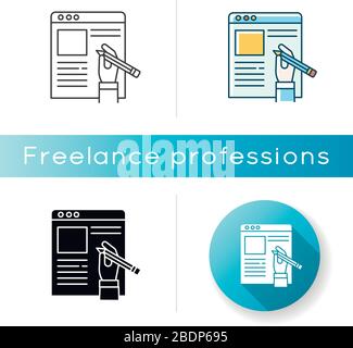 Copywriter, article author icon. Professional freelance journalist and remote editor. Essay writing and editing, journalism. Linear black and RGB Stock Vector