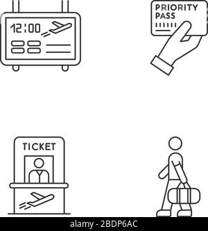 Airport terminal pixel perfect linear icons set. Flight information on electronic scoreboard. Customizable thin line contour symbols. Isolated vector Stock Vector