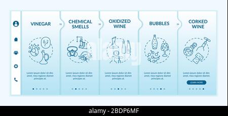 Wine tasting onboarding vector template. Vinegar and chemical smells. Oxidized wine. Bubbles in still wine. Responsive mobile website with icons Stock Vector