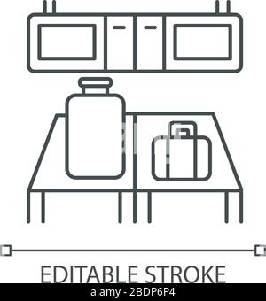 Baggage custom check pixel perfect linear icon. Luggage on desk in airport terminal. Thin line customizable illustration. Contour symbol. Vector Stock Vector