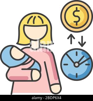 Babysitter pay rate RGB color icon. Income from babysitting services. Earn money for child care. Woman looking after infant baby for payment. Part Stock Vector
