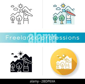 Illustrator artist icon. Postcards and greeting cards freelance designer. Professional decorator, traditional art designs creator. Linear black and Stock Vector