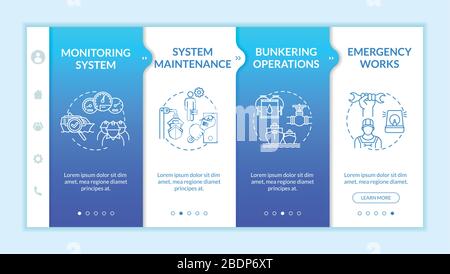 Marine engineering onboarding vector template. Ship system maintenance and operation. Refill fuel offshore. Responsive mobile website with icons Stock Vector