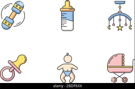 Baby care service RGB color icons set. Toys and essentials for infants. Decoration for newborn bedroom. Pacifier and feeding bottle. Infant child in Stock Vector