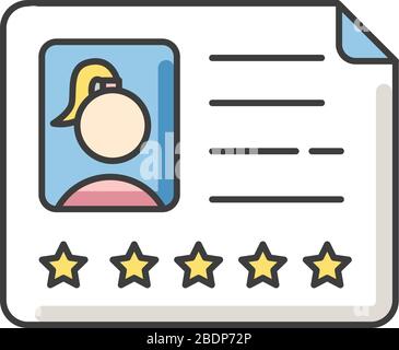 Babysitter certificate RGB color icon. Professional employee resume. Five star recommendation for employment. Female worker candidate with work Stock Vector