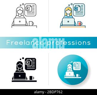Blog writing icon. Freelancer, social media blogger, rewriter, post author. Blogging, website constant content filling. Linear black and RGB color Stock Vector