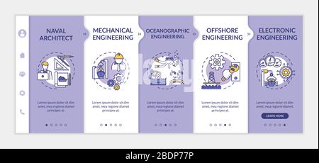 Marine engineering onboarding vector template. Offshore oil rig structure. Boat machinery repair. Responsive mobile website with icons. Webpage Stock Vector