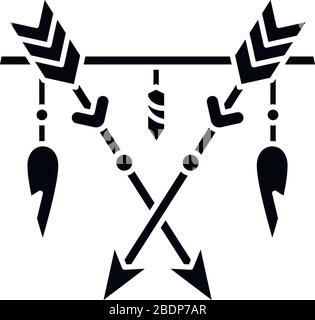 Arrows and teeth amulet in boho style black glyph icon. Native American Indian mystic symbol. Prehistoric talisman. Bohemian accessory. Silhouette Stock Vector