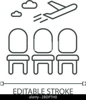 Airport lounge pixel perfect linear icon. Waiting lobby before airplane departure. Thin line customizable illustration. Contour symbol. Vector Stock Vector