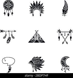 Native american indian accessories black glyph icons set on white space. Tribe chief hat and teepee. Necklace with tooth, arrow with feathers Stock Vector