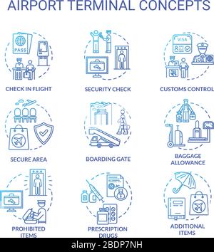 Airport terminal concept icons set. Security check, boarding gate idea thin line RGB color illustrations. Customs control, baggage allowance. Vector Stock Vector