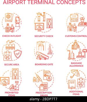 Airport terminal concept icons set. Security check, boarding gate idea thin line RGB color illustrations. Customs control, boarding gate. Vector Stock Vector