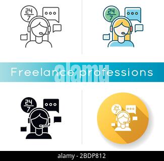 Customer service jobs icon. Call centre operator, online chat consultant. 24 hours assistance, client technical support. Linear black and RGB color Stock Vector