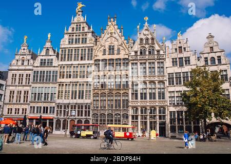 Grote Markt, Antwerp, city square with the town hall, carefully designed guilds of the 16th century, many restaurants and cafes. A Visit To Belgium. T Stock Photo