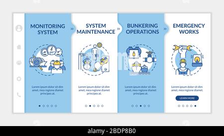 Marine engineering onboarding vector template. Monitoring system for ships. Professional engineer team. Responsive mobile website with icons. Webpage Stock Vector