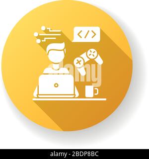 Game developer yellow flat design long shadow glyph icon. Freelancer, remote game software programmer. Virtual reality creating, coding, computer Stock Vector