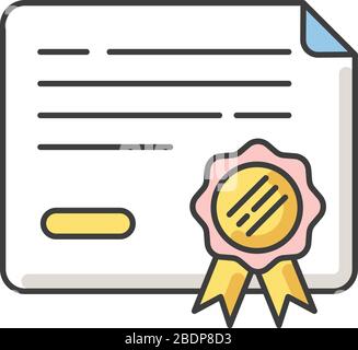 Certificate RGB color icon. College degree diploma with sealed stamp. University paper. Official contract. Scholarship document. Professional Stock Vector